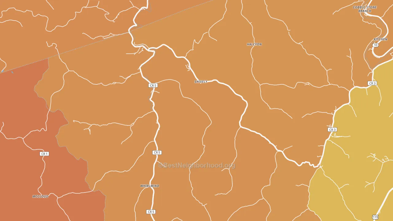 Map of the best neighborhoods in the Shively area, with better matches in green and worse matches in red