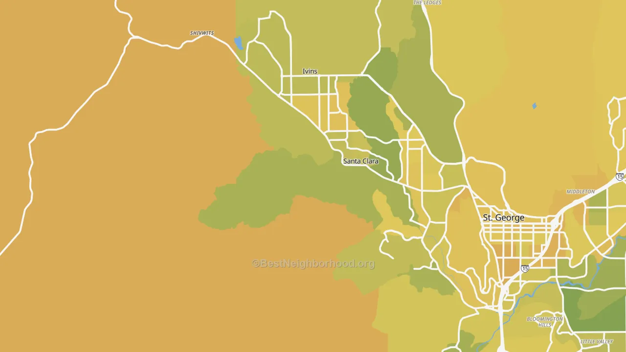 Map of the best neighborhoods in the Shivwits area, with better matches in green and worse matches in red