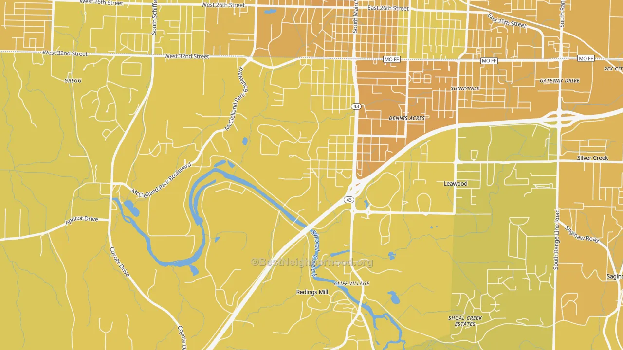 Map of the best neighborhoods in the Shoal Creek Drive area, with better matches in green and worse matches in red