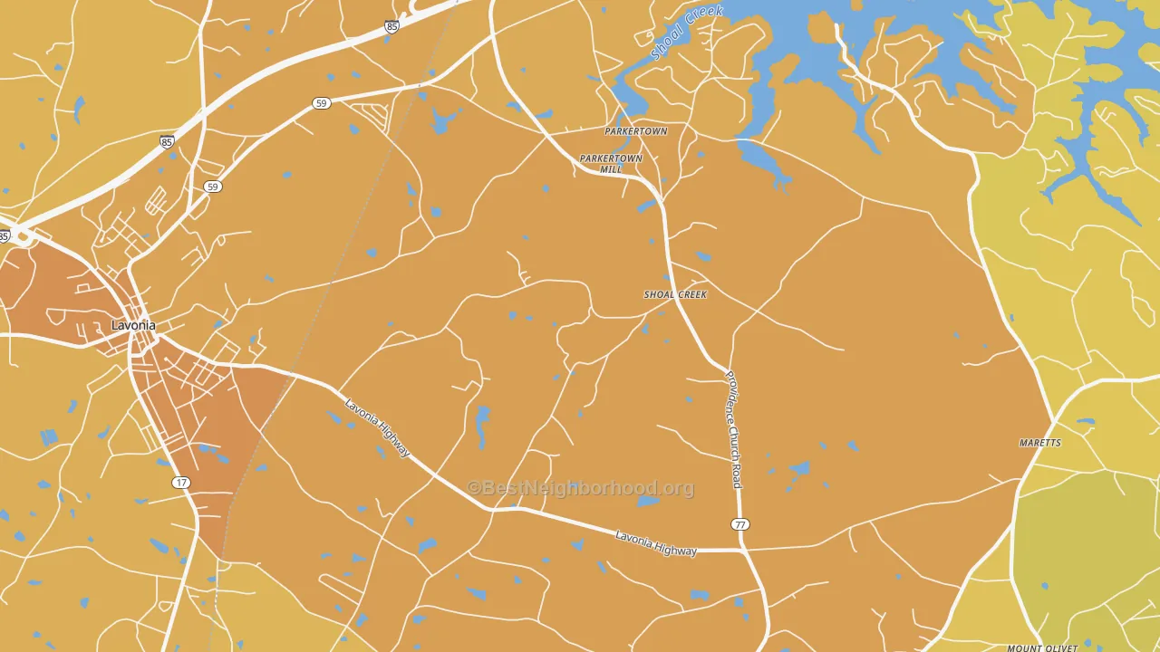 Map of the best neighborhoods in the Shoal Creek area, with better matches in green and worse matches in red