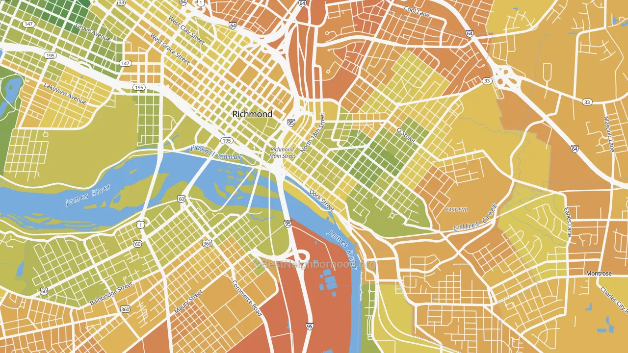 Map of the best neighborhoods in the Shockoe Bottom, Richmond area, with better matches in green and worse matches in red