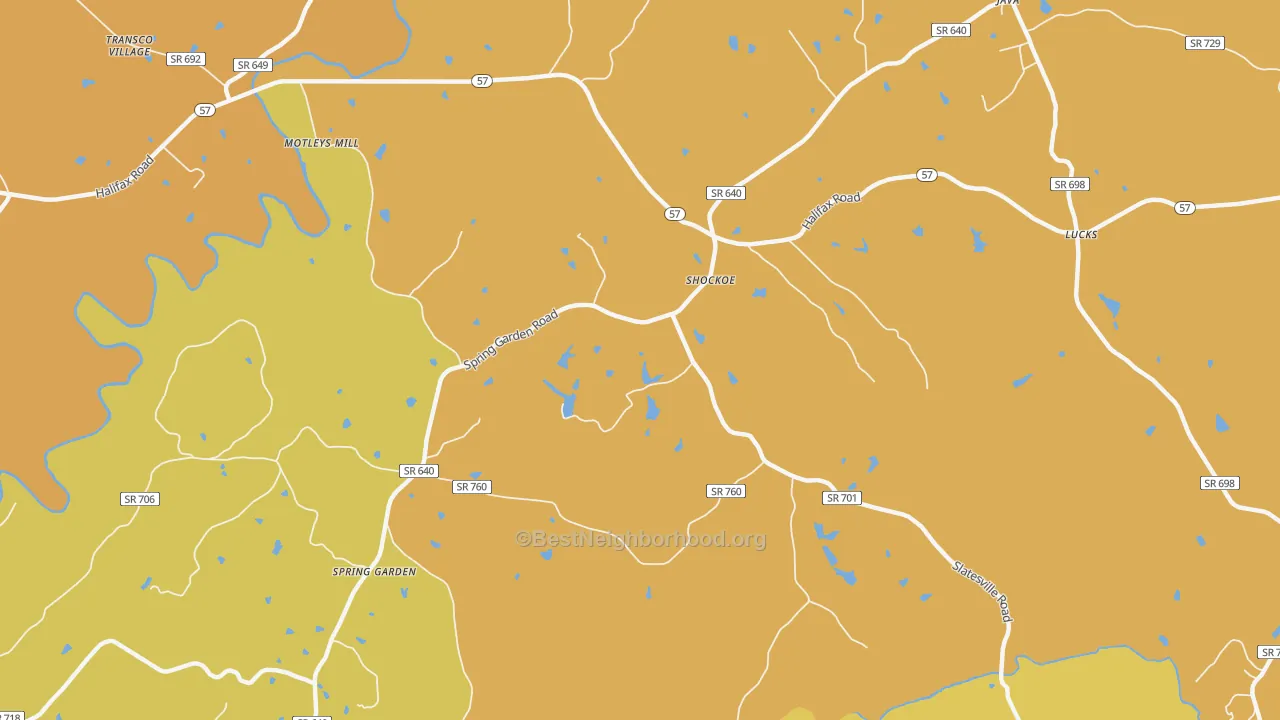 Map of the best neighborhoods in the Shockoe area, with better matches in green and worse matches in red