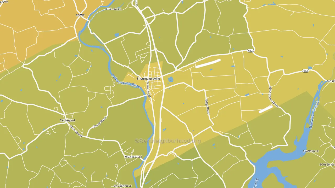 Map of the best neighborhoods in the Shoemakersville area, with better matches in green and worse matches in red
