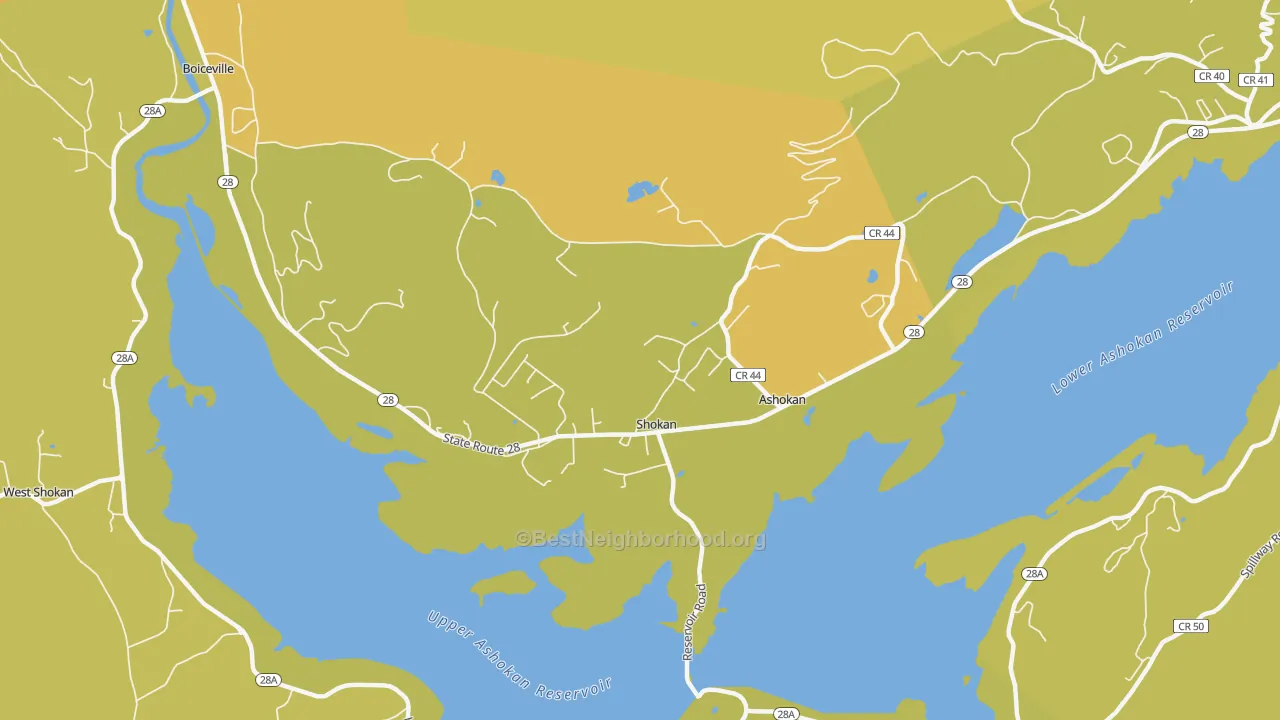Map of the best neighborhoods in the Shokan area, with better matches in green and worse matches in red