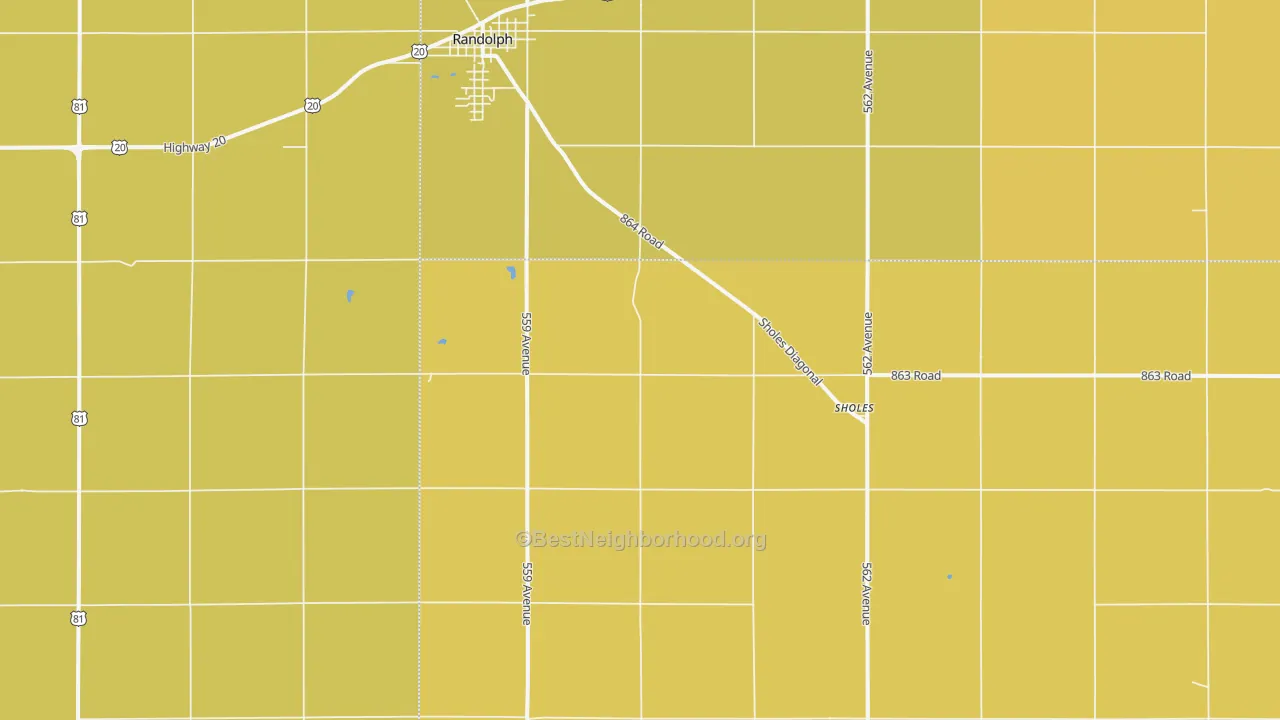 Map of the best neighborhoods in the Sholes area, with better matches in green and worse matches in red