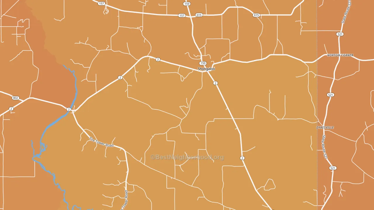 Map of the best neighborhoods in the Shongaloo area, with better matches in green and worse matches in red