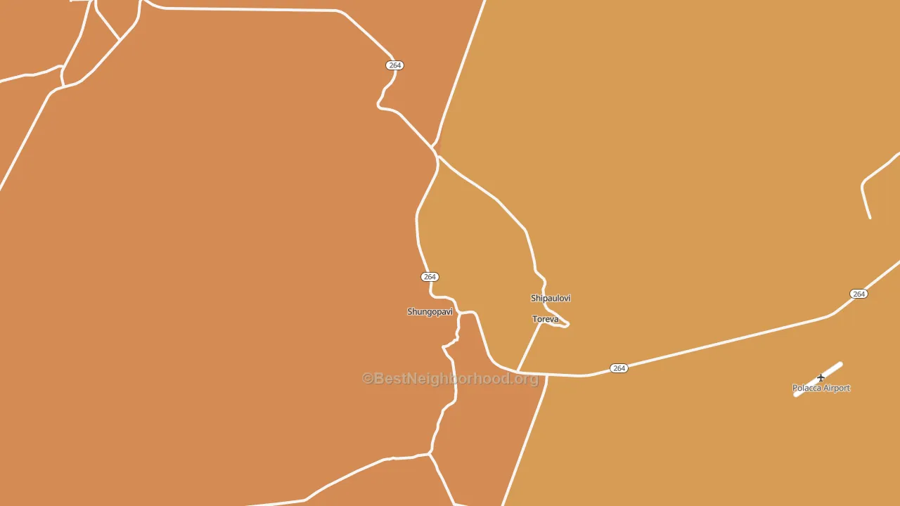 Map of the best neighborhoods in the Shongopovi area, with better matches in green and worse matches in red