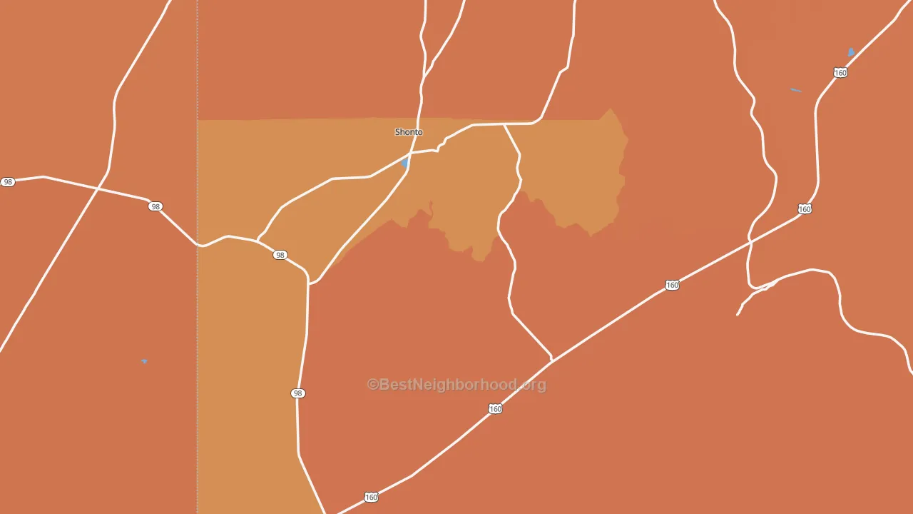 Map of the best neighborhoods in the Shonto area, with better matches in green and worse matches in red