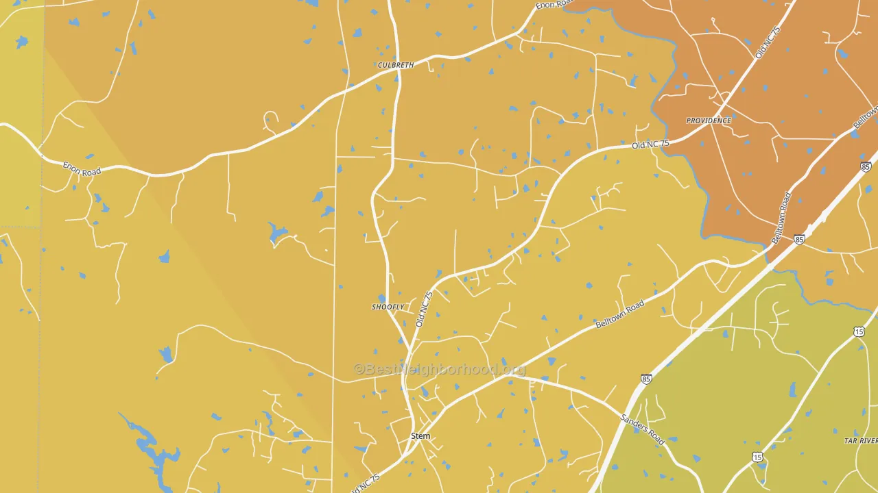 Map of the best neighborhoods in the Shoofly area, with better matches in green and worse matches in red