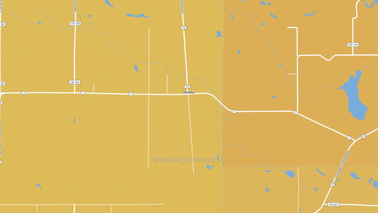 Map of the best neighborhoods in the Shooks area, with better matches in green and worse matches in red