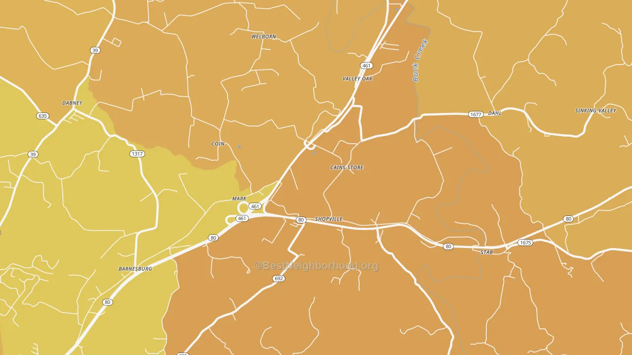 Map of the best neighborhoods in the Shopville area, with better matches in green and worse matches in red