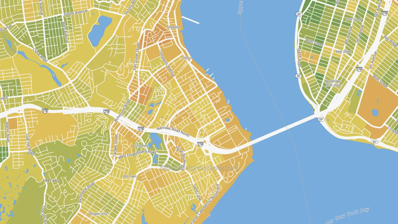 Map of the best neighborhoods in the Shore Acres, Staten Island area, with better matches in green and worse matches in red