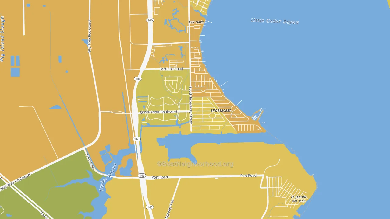 Map of the best neighborhoods in the Shoreacres area, with better matches in green and worse matches in red