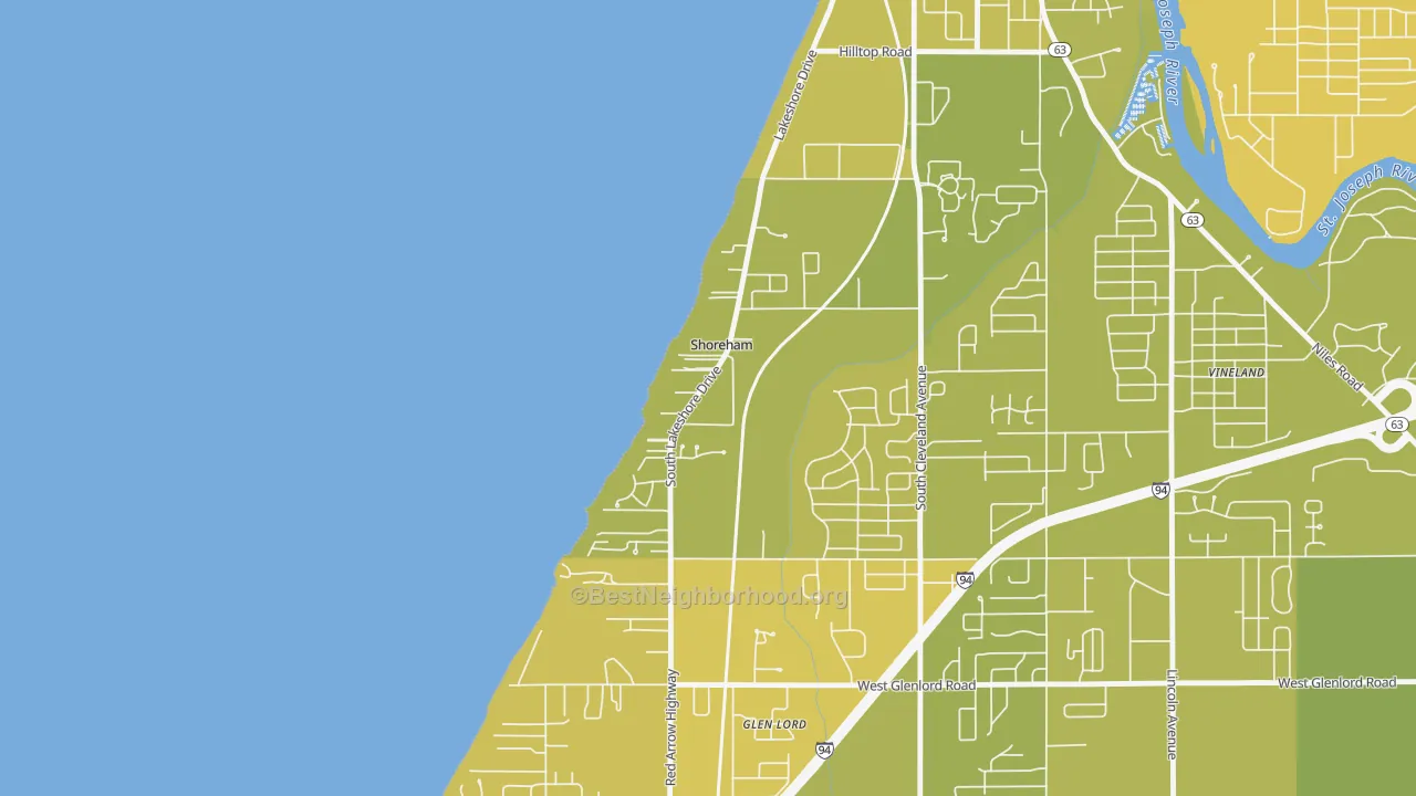 Map of the best neighborhoods in the Shoreham area, with better matches in green and worse matches in red