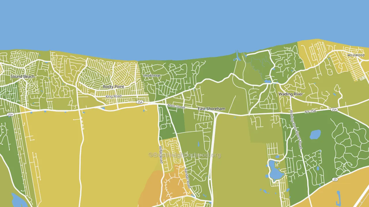 Map of the best neighborhoods in the Shoreham area, with better matches in green and worse matches in red