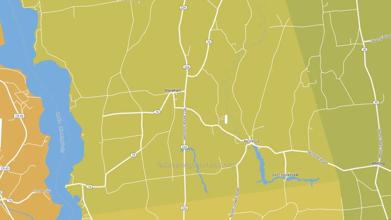 Map of the best neighborhoods in the Shoreham area, with better matches in green and worse matches in red