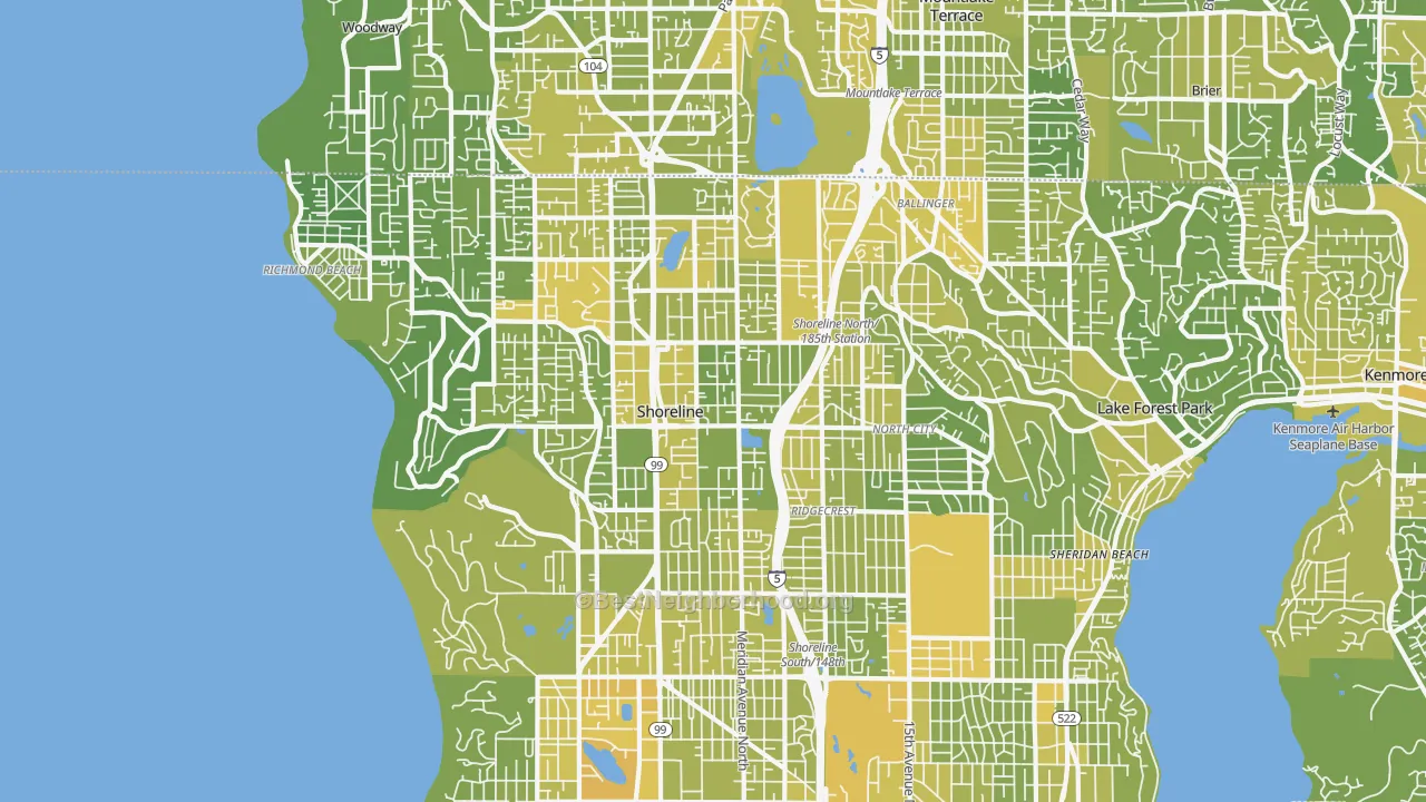 Map of the best neighborhoods in the Shoreline area, with better matches in green and worse matches in red