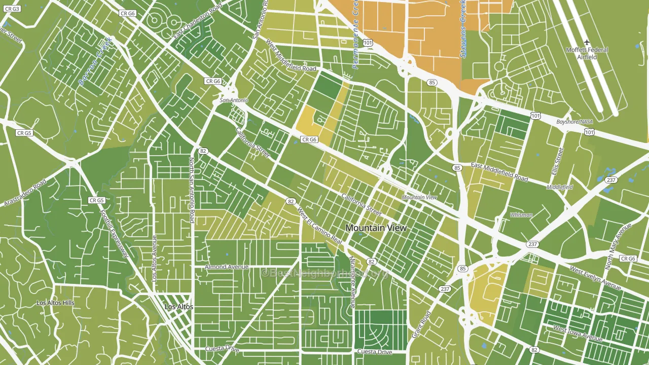 Map of the best neighborhoods in the Shoreline West, Mountain View area, with better matches in green and worse matches in red