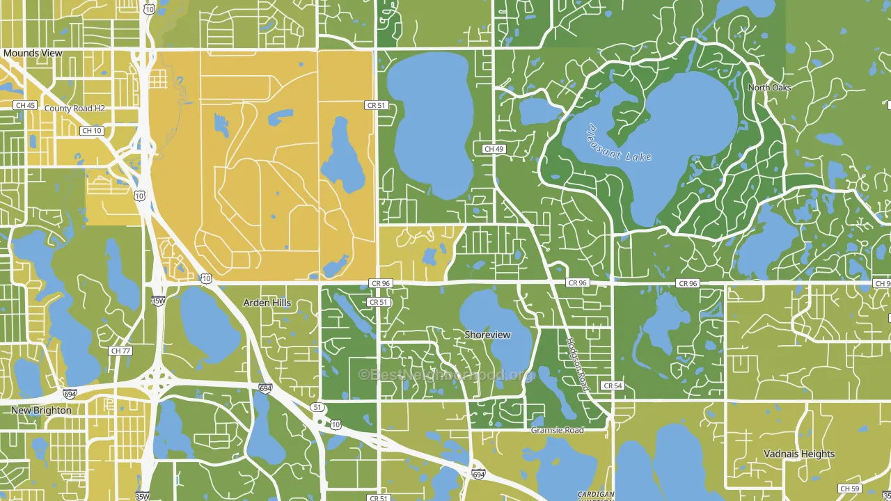 Map of the best neighborhoods in the Shoreview area, with better matches in green and worse matches in red