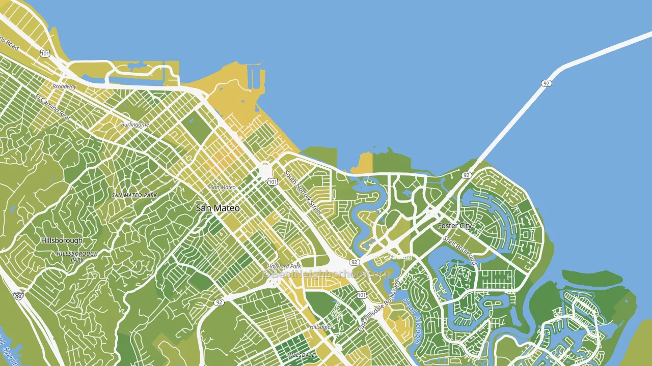 Map of the best neighborhoods in the Shoreview, San Mateo area, with better matches in green and worse matches in red