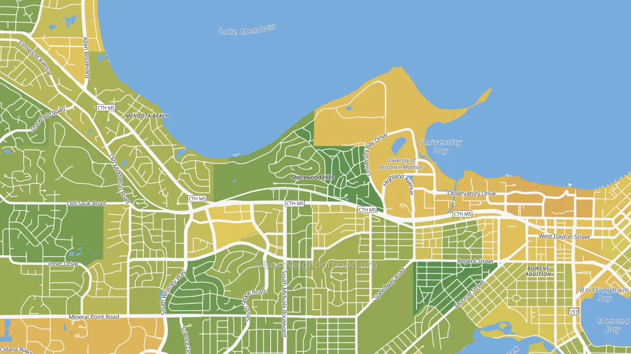 Map of the best neighborhoods in the Shorewood Hills area, with better matches in green and worse matches in red