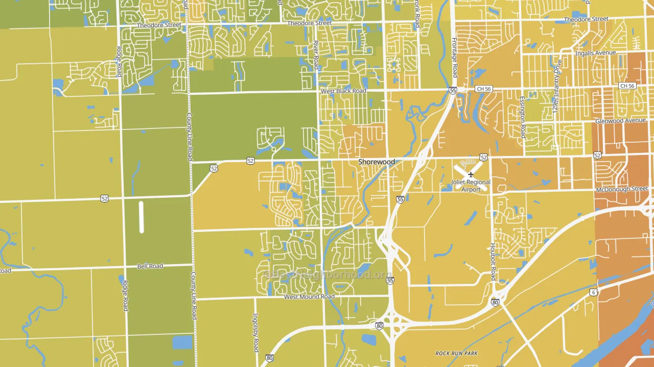 Map of the best neighborhoods in the Shorewood area, with better matches in green and worse matches in red