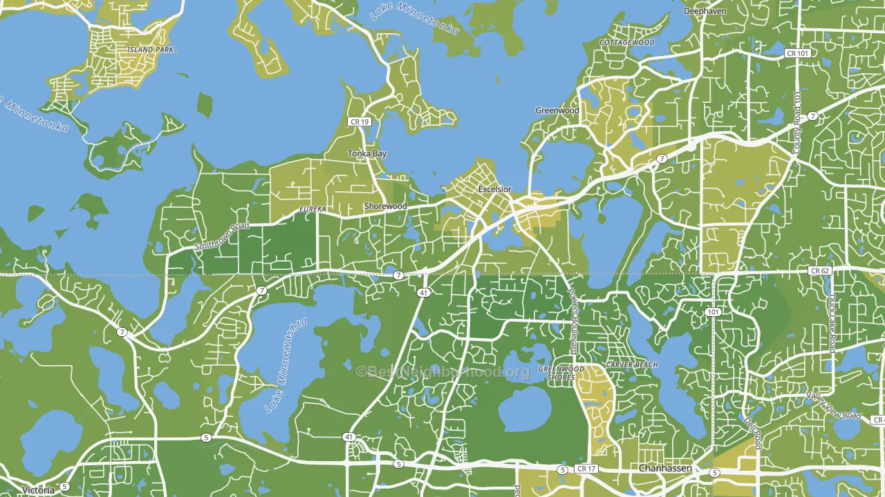 Map of the best neighborhoods in the Shorewood area, with better matches in green and worse matches in red