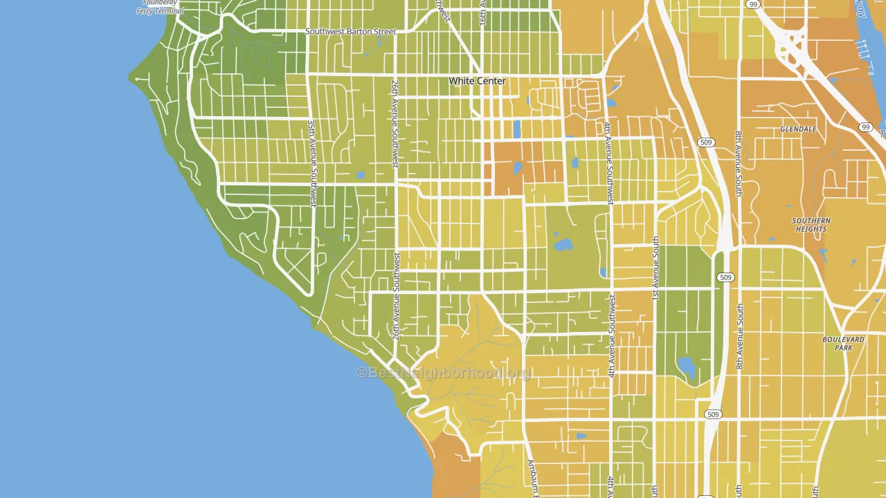Map of the best neighborhoods in the Shorewood, Seattle area, with better matches in green and worse matches in red