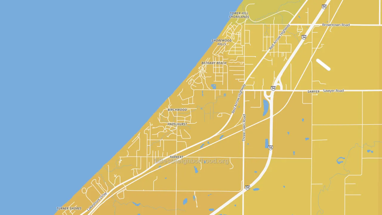 Map of the best neighborhoods in the Shorewood-Tower Hills-Harbert area, with better matches in green and worse matches in red