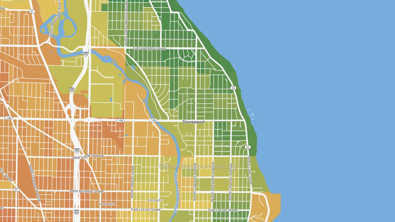 Map of the best neighborhoods in the Shorewood area, with better matches in green and worse matches in red