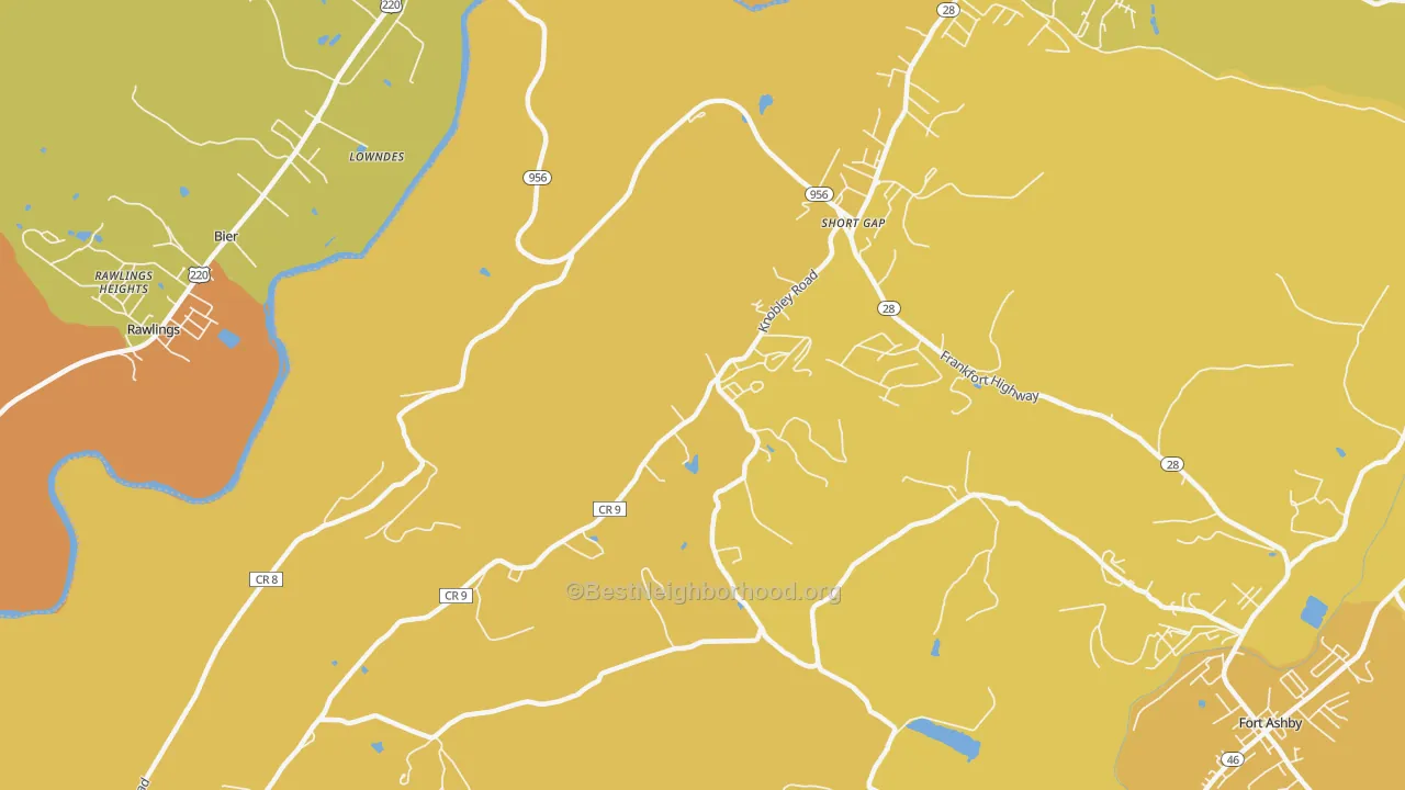 Map of the best neighborhoods in the Short Gap area, with better matches in green and worse matches in red