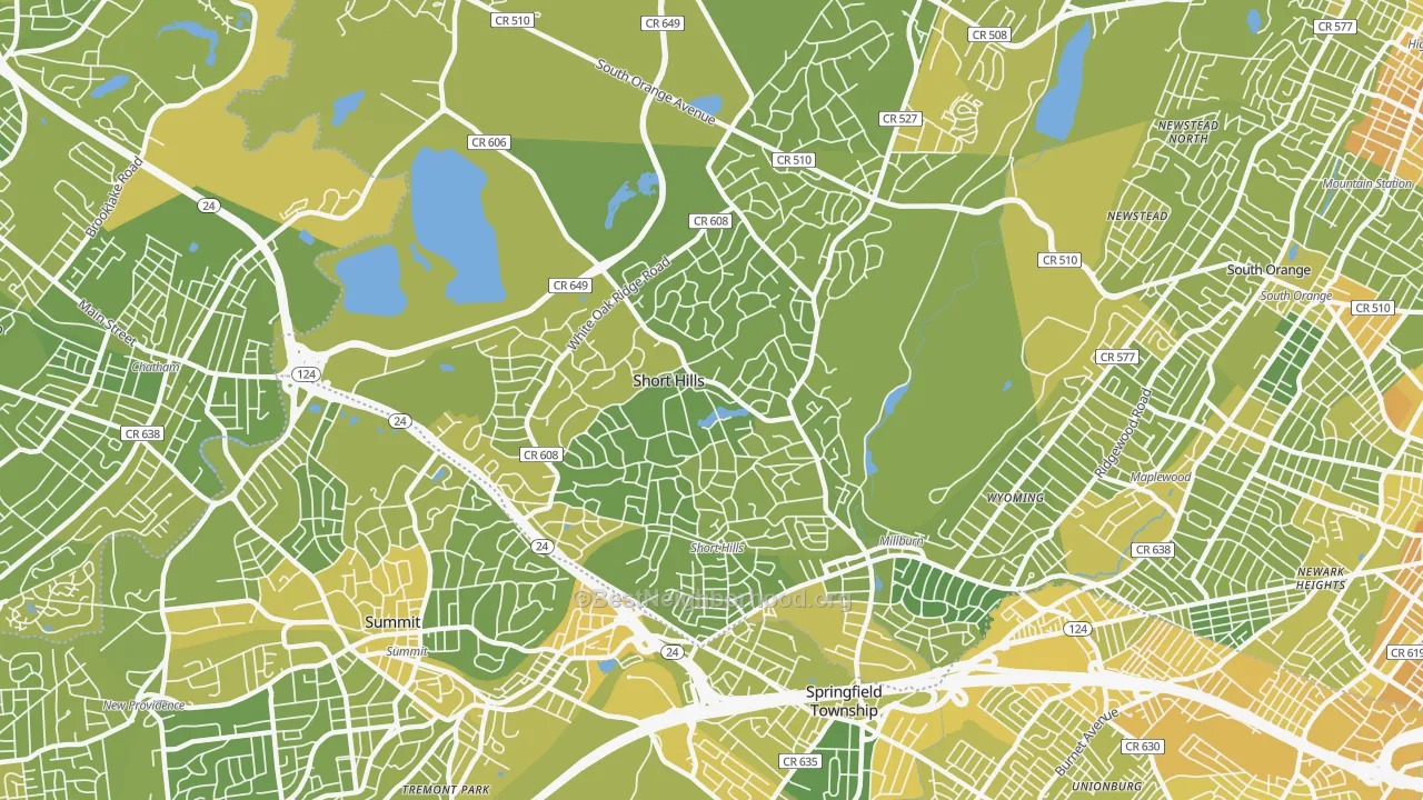 Map of the best neighborhoods in the Short Hills area, with better matches in green and worse matches in red