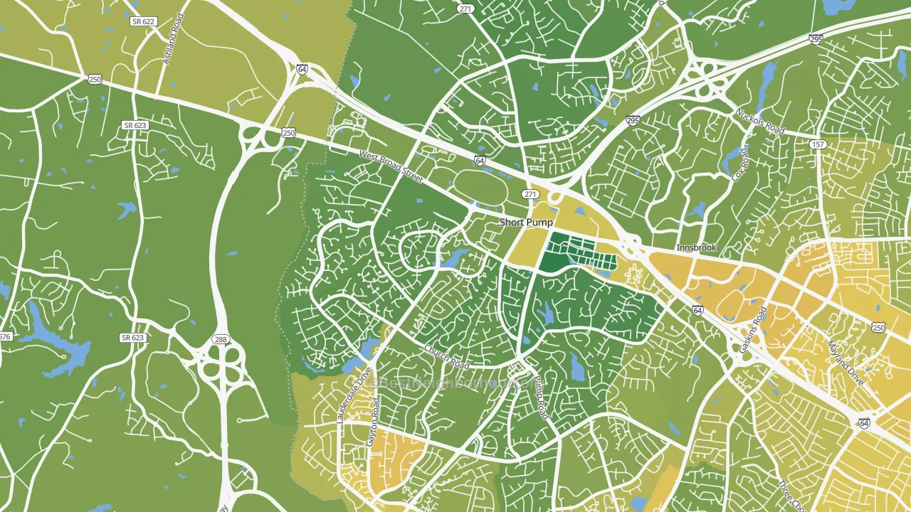 Map of the best neighborhoods in the Short Pump area, with better matches in green and worse matches in red