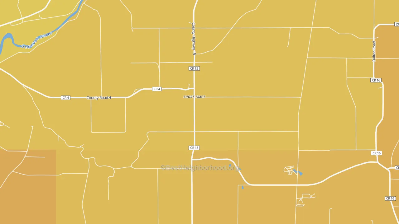 Map of the best neighborhoods in the Short Tract area, with better matches in green and worse matches in red