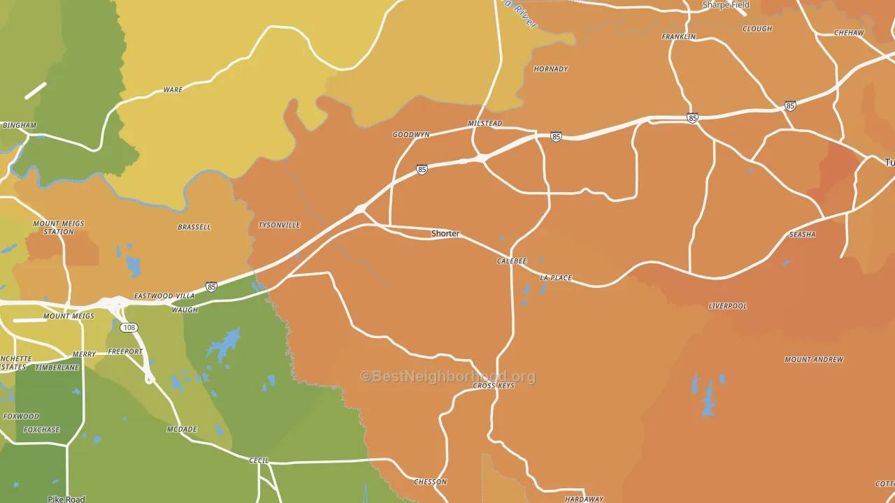 Map of the best neighborhoods in the Shorter area, with better matches in green and worse matches in red
