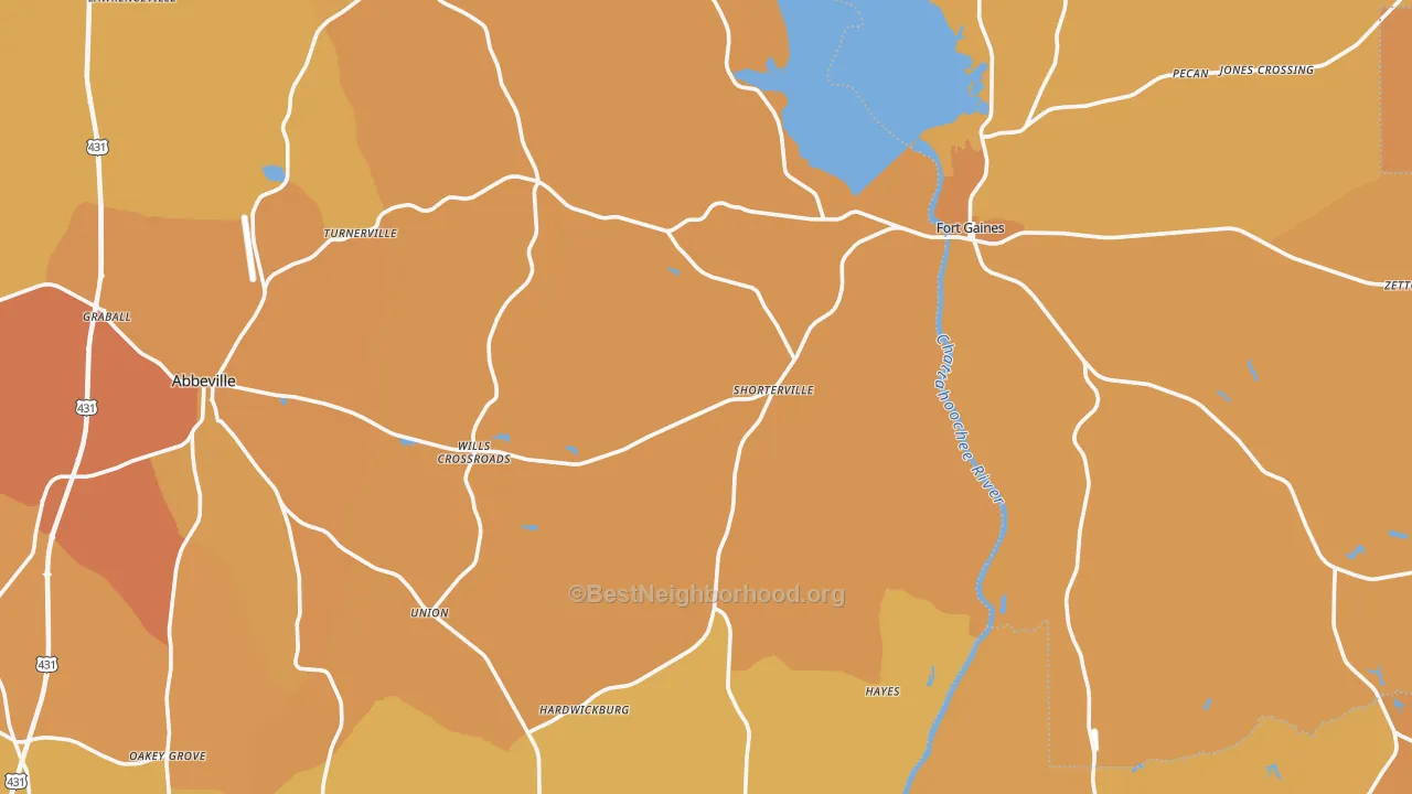 Map of the best neighborhoods in the Shorterville area, with better matches in green and worse matches in red