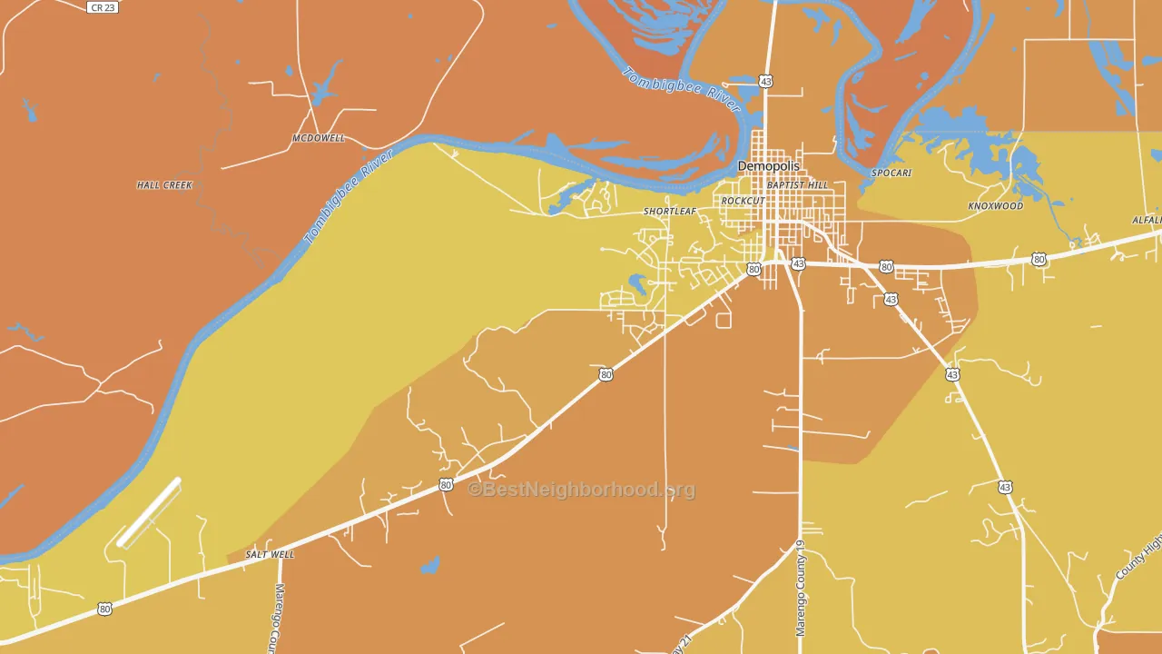 Map of the best neighborhoods in the Shortleaf area, with better matches in green and worse matches in red