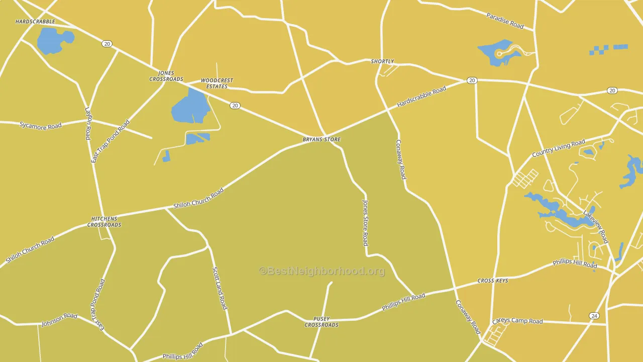 Map of the best neighborhoods in the Shortly area, with better matches in green and worse matches in red