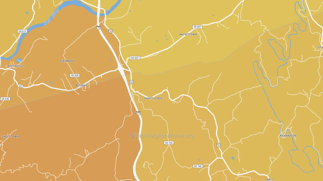 Map of the best neighborhoods in the Shorts Creek area, with better matches in green and worse matches in red