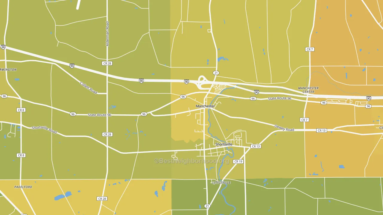 Map of the best neighborhoods in the Shortsville area, with better matches in green and worse matches in red