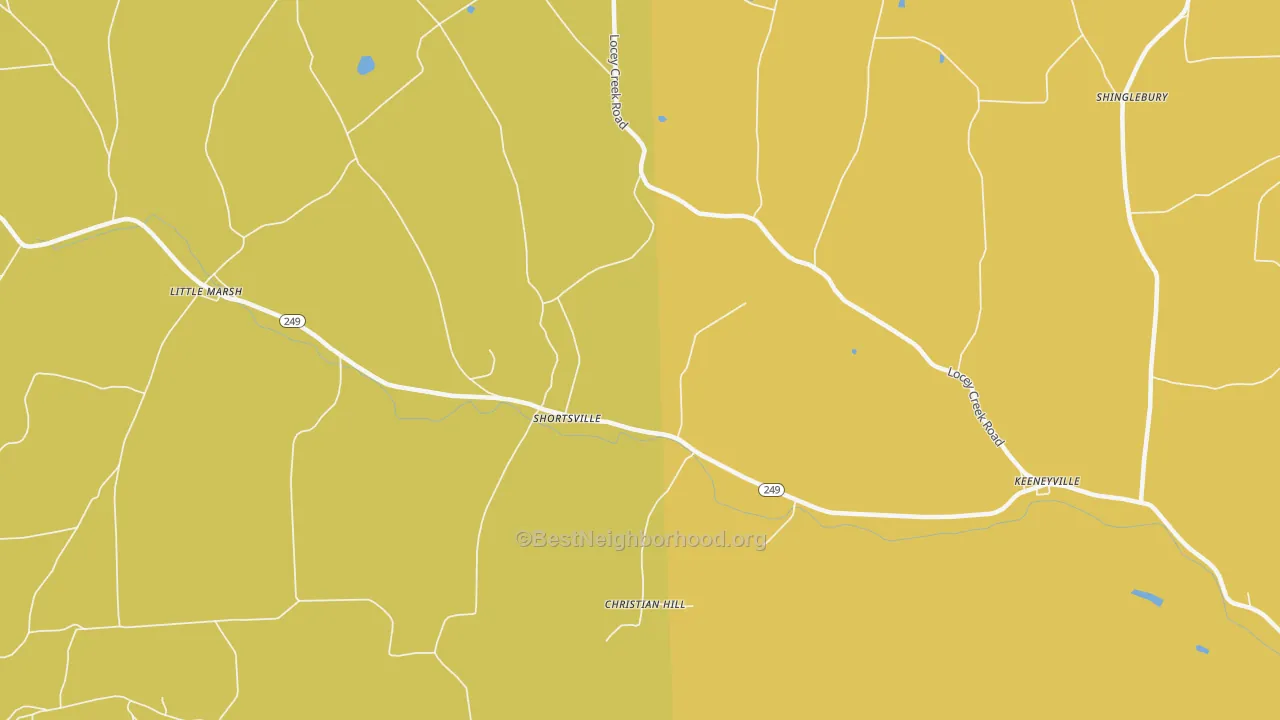 Map of the best neighborhoods in the Shortsville area, with better matches in green and worse matches in red