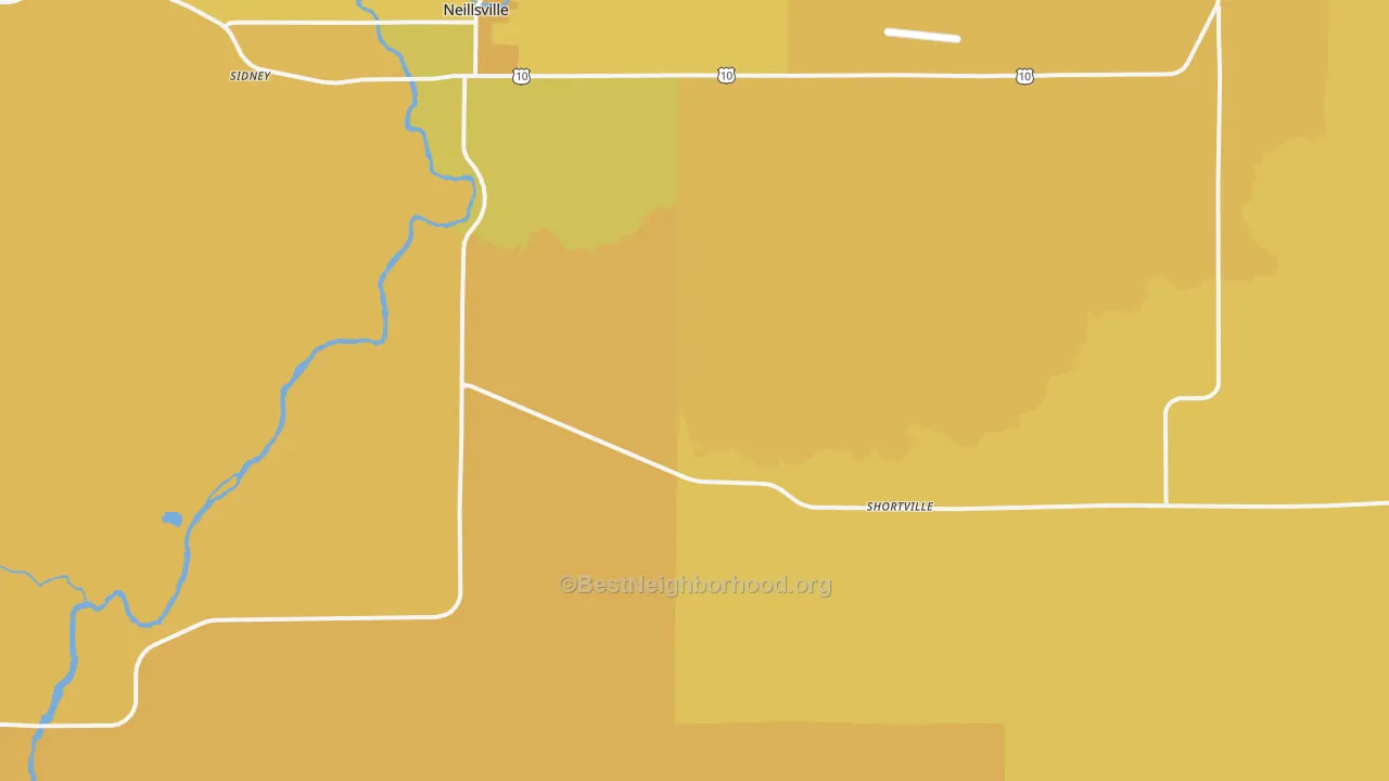 Map of the best neighborhoods in the Shortville area, with better matches in green and worse matches in red