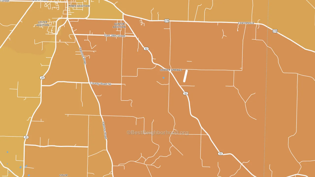 Map of the best neighborhoods in the Shover Springs area, with better matches in green and worse matches in red