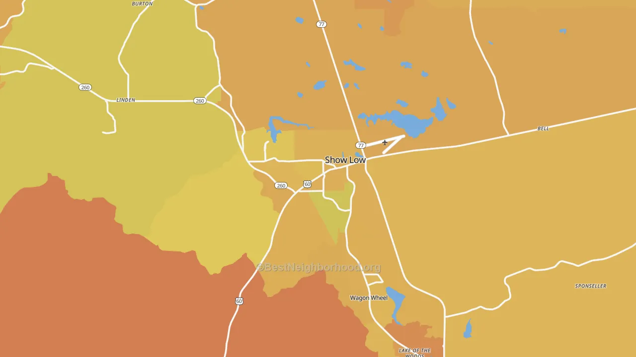 Map of the best neighborhoods in the Show Low area, with better matches in green and worse matches in red