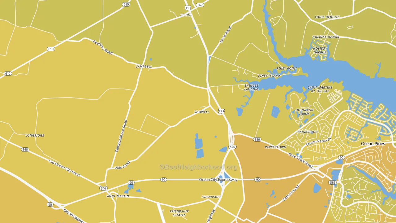 Map of the best neighborhoods in the Showell area, with better matches in green and worse matches in red