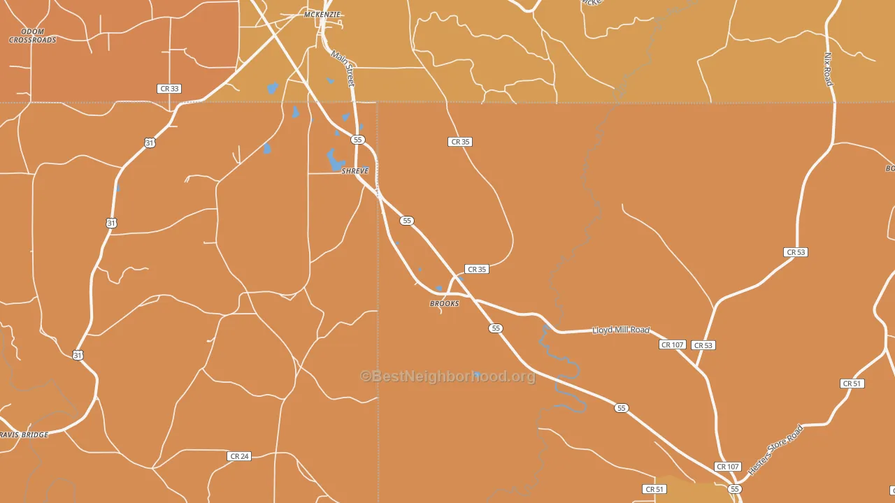 Map of the best neighborhoods in the Shreve area, with better matches in green and worse matches in red