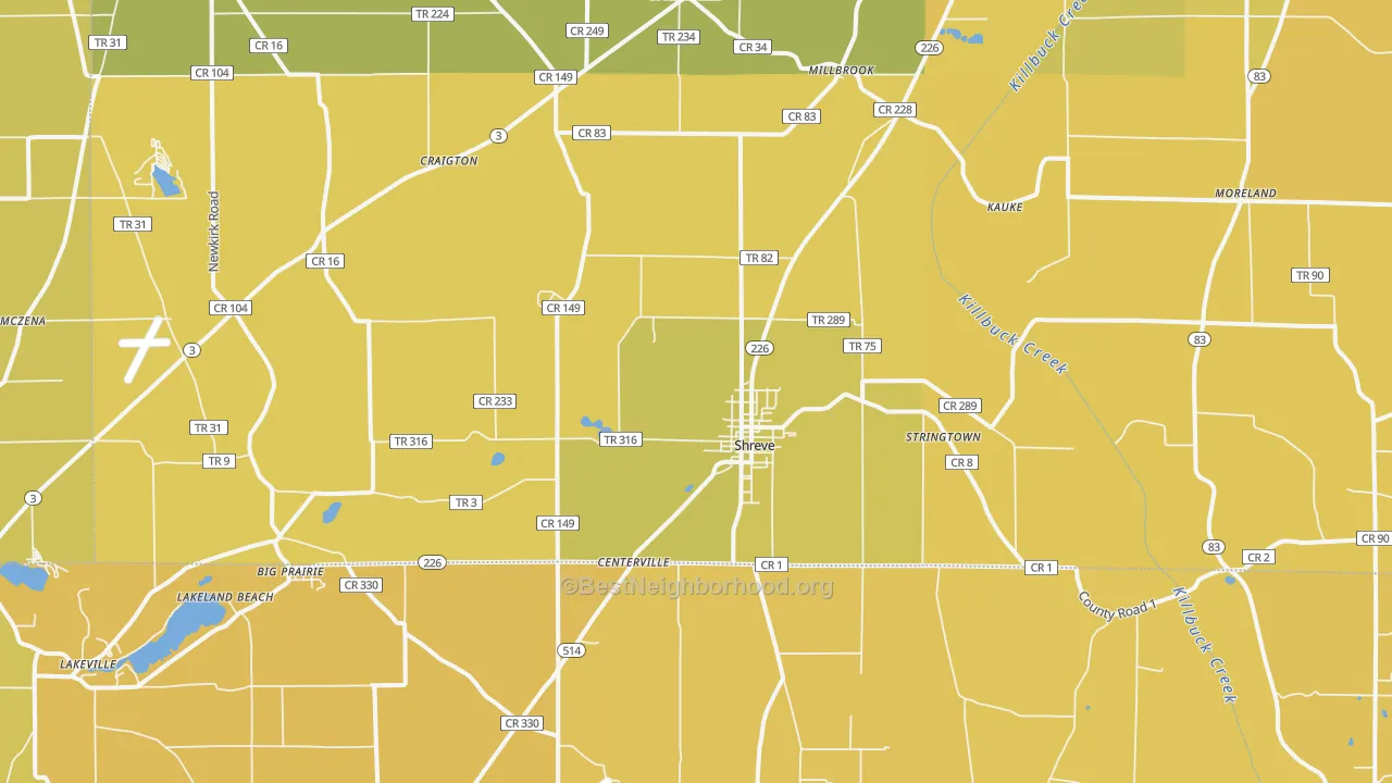 Map of the best neighborhoods in the Shreve area, with better matches in green and worse matches in red