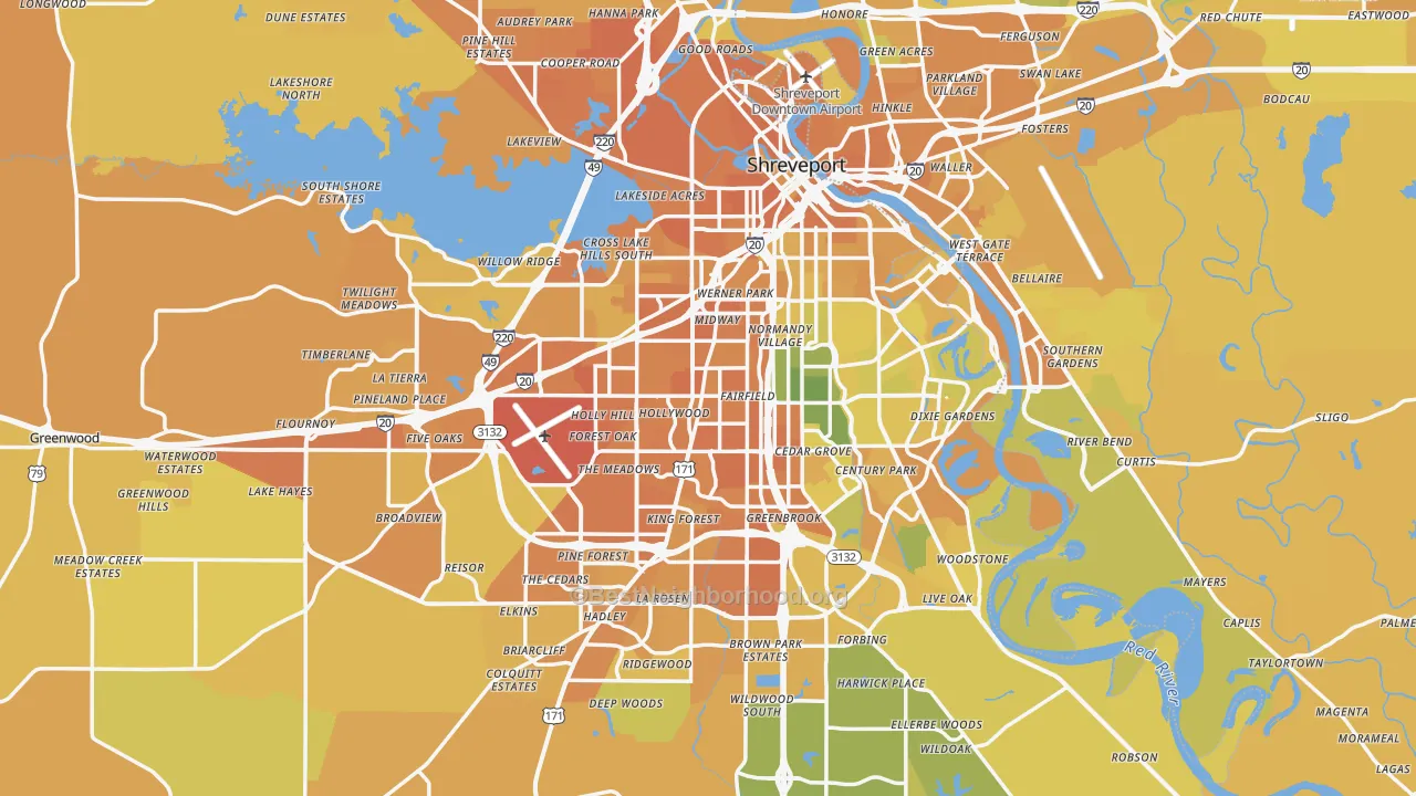 Map of the best neighborhoods in the Shreveport Metro area, with better matches in green and worse matches in red