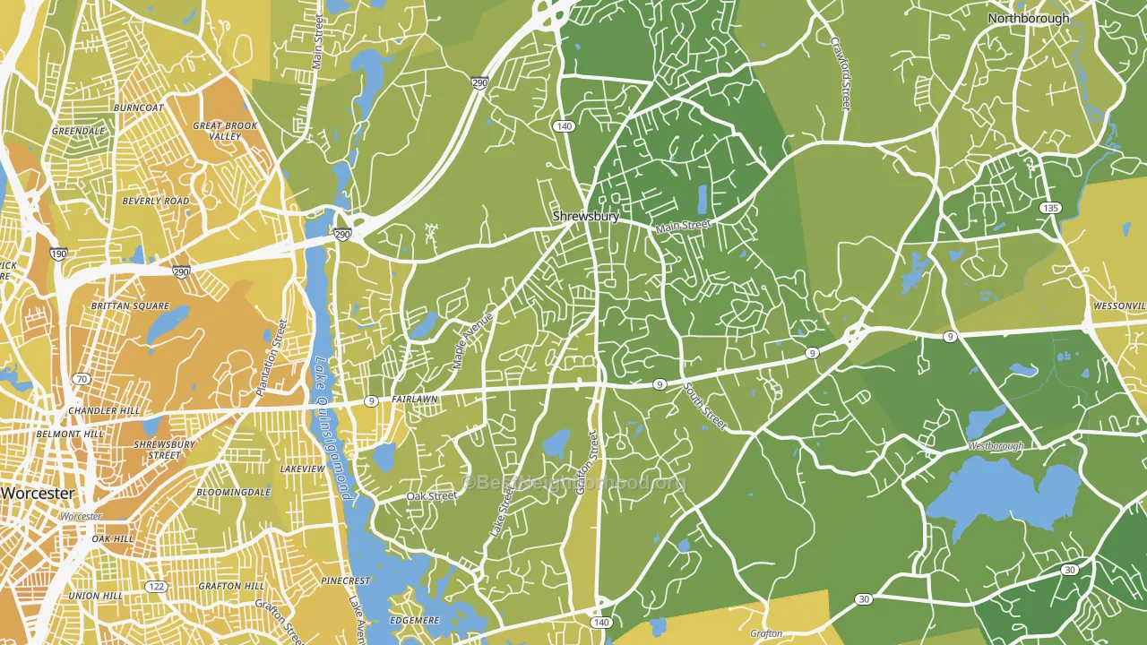 Map of the best neighborhoods in the Shrewsbury area, with better matches in green and worse matches in red