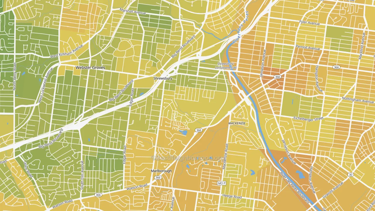 Map of the best neighborhoods in the Shrewsbury area, with better matches in green and worse matches in red